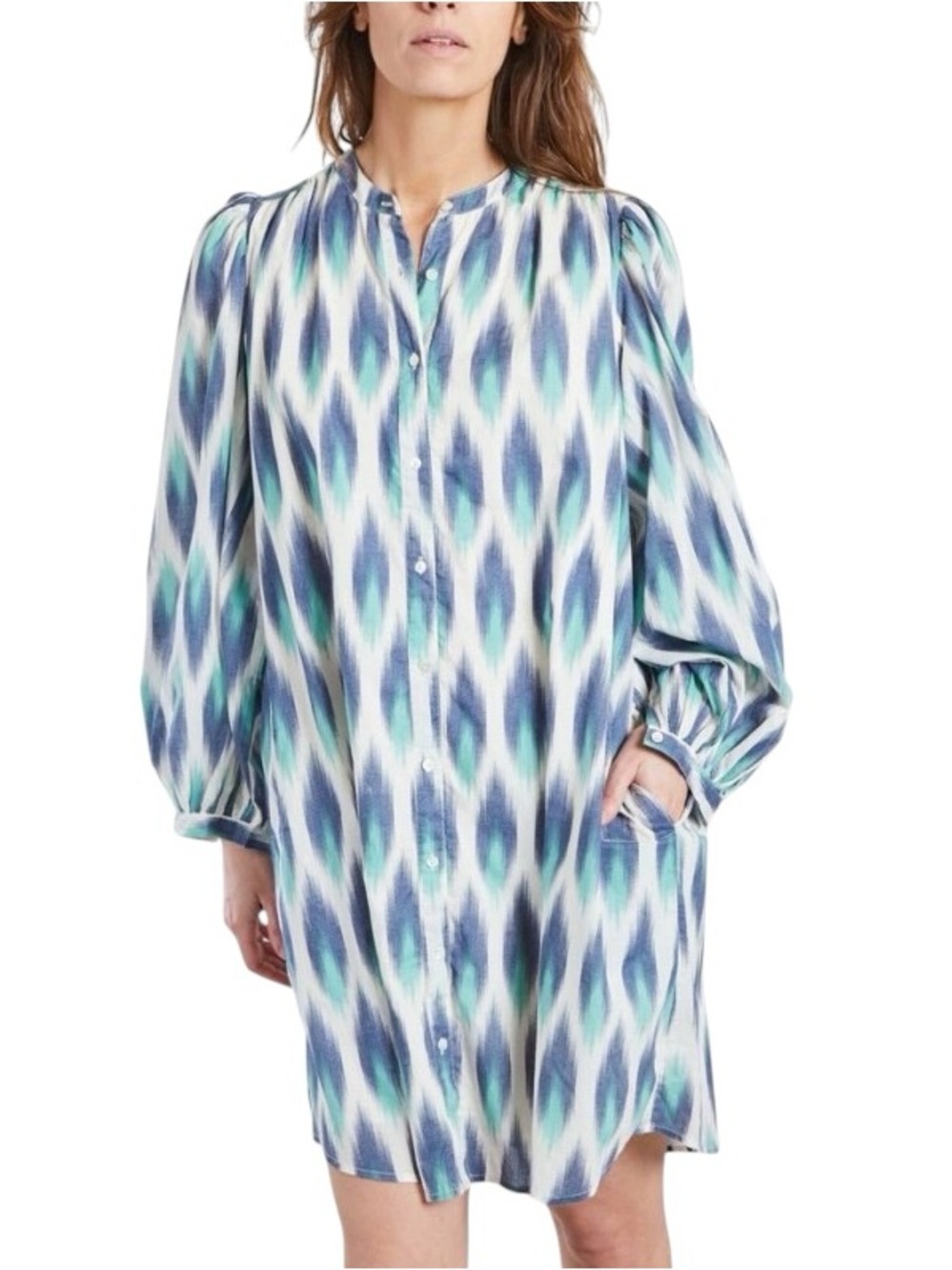 Hartford France Ready Ikat Print Long Sleeve Button Mini Shirt Dress - 6 US